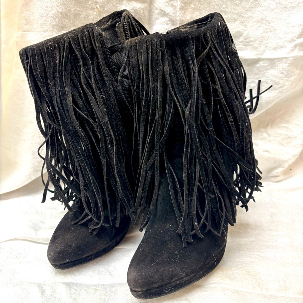 High heel black fringe booties